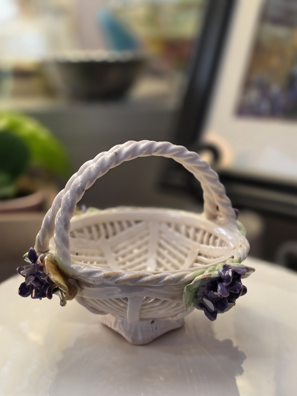 White Ceramic Basket with Purple Floral Accents -